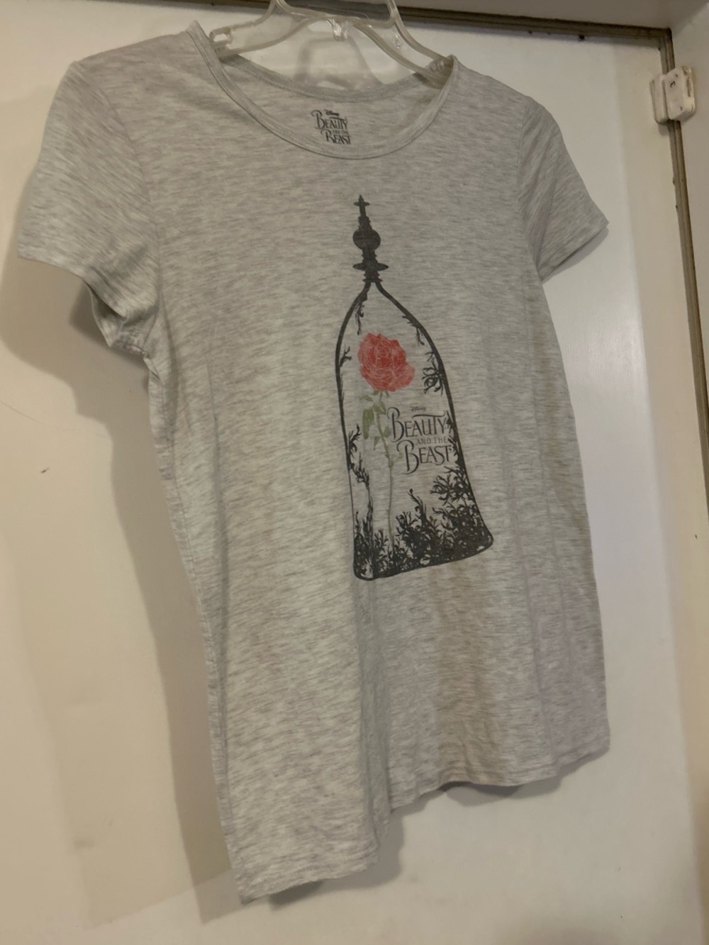 Disney Women's Light Gray Short Sleeve Tee with Red Rose Graphic